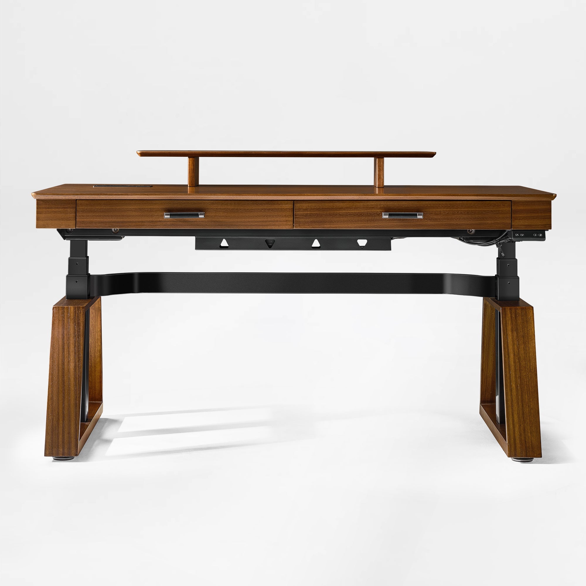 63x29 Executive Height Adjustable Standing Desk with Walnut Desktop and Drawers