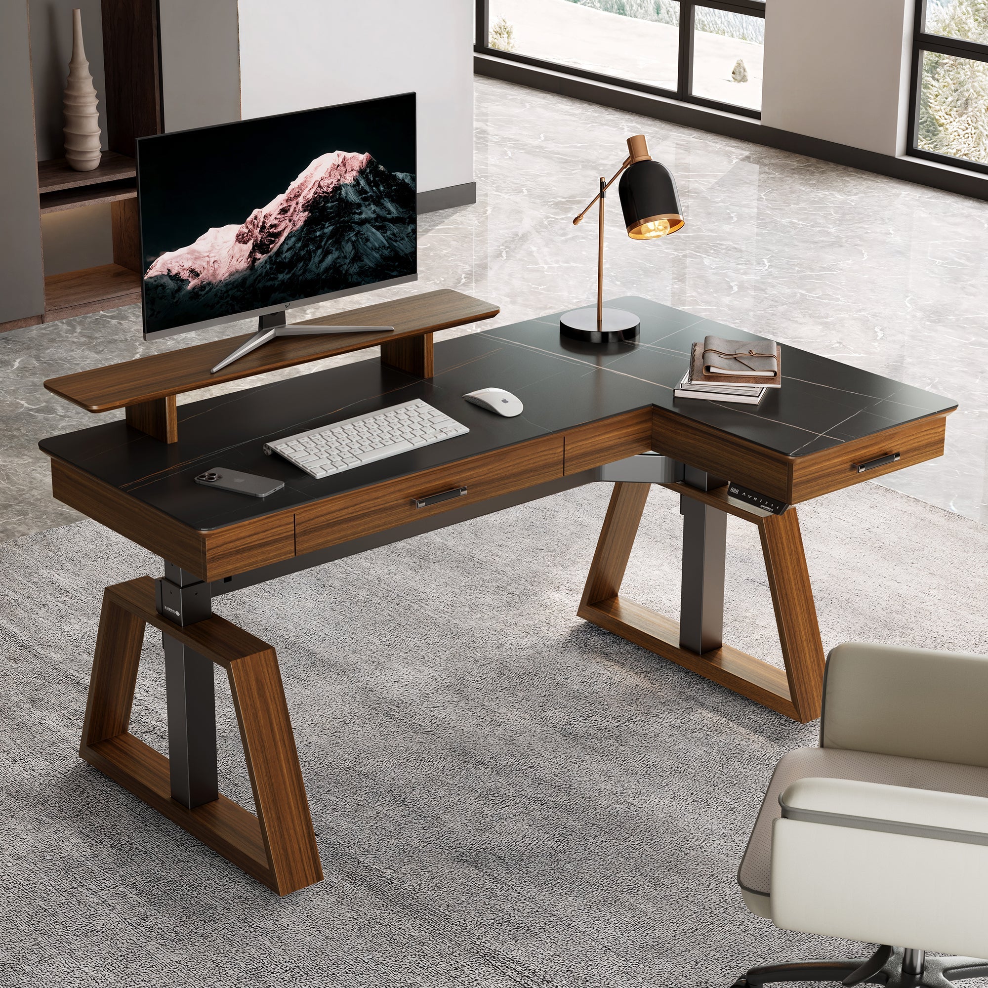 63x23 L-Shaped Height Adjustable Executive Desk, Black and Gold Sintered Stone