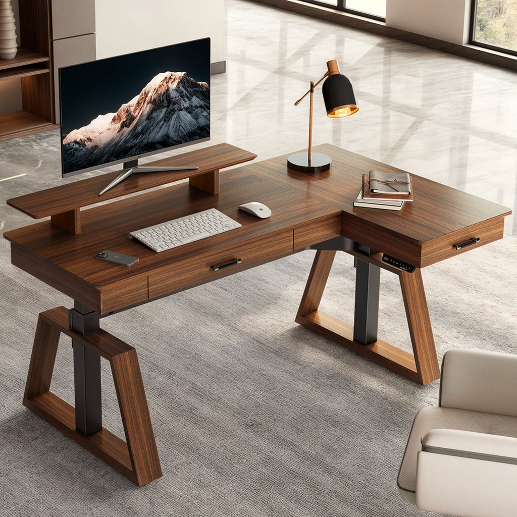63x23 L-Shaped Height Adjustable Executive Desk, Handcrafted Walnut