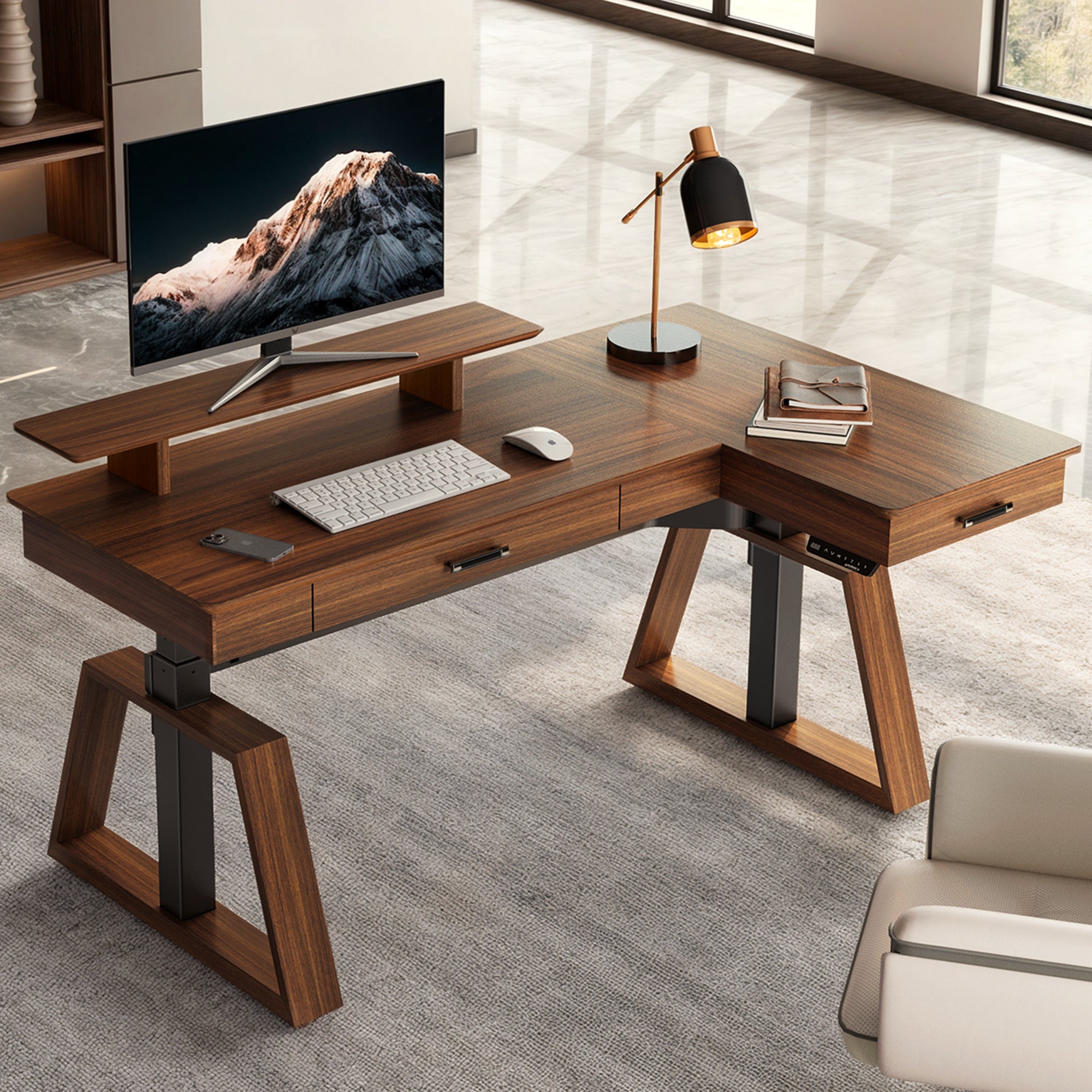 63x23 L-Shaped Height Adjustable Executive Desk, Handcrafted Walnut