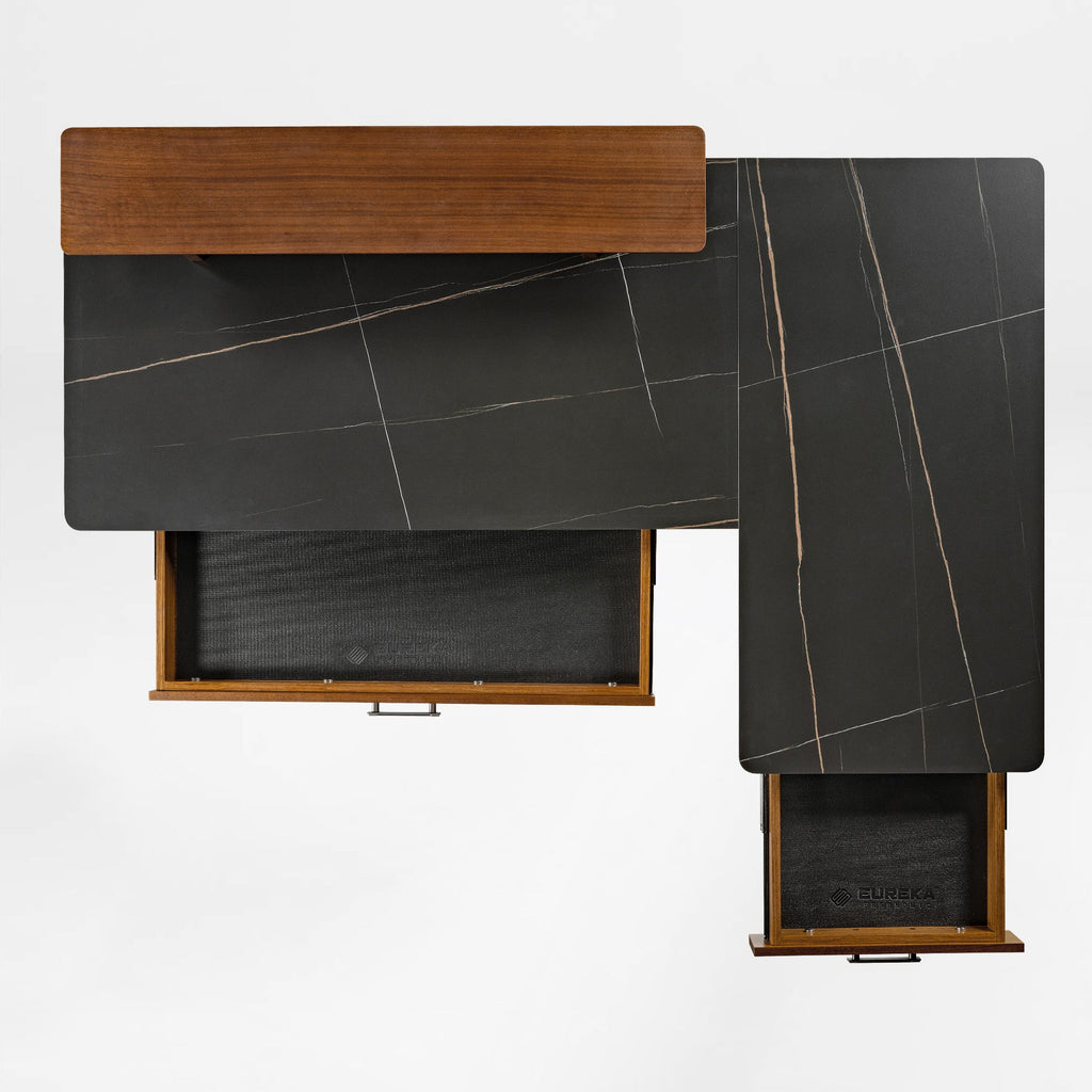 63x23 L-Shaped Height Adjustable Executive Desk, Black and Gold Sintered Stone