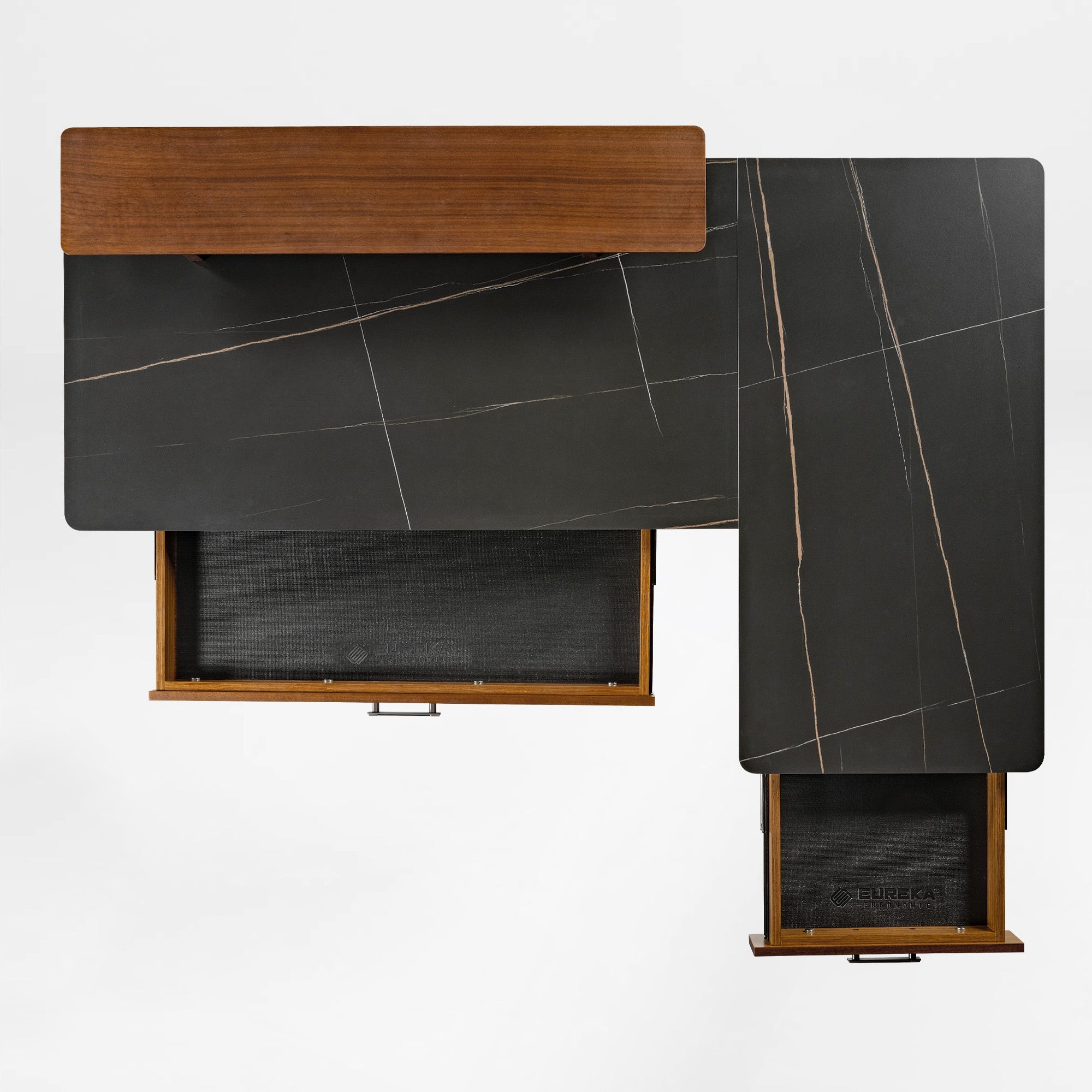63x23 L-Shaped Height Adjustable Executive Desk, Black and Gold Sintered Stone