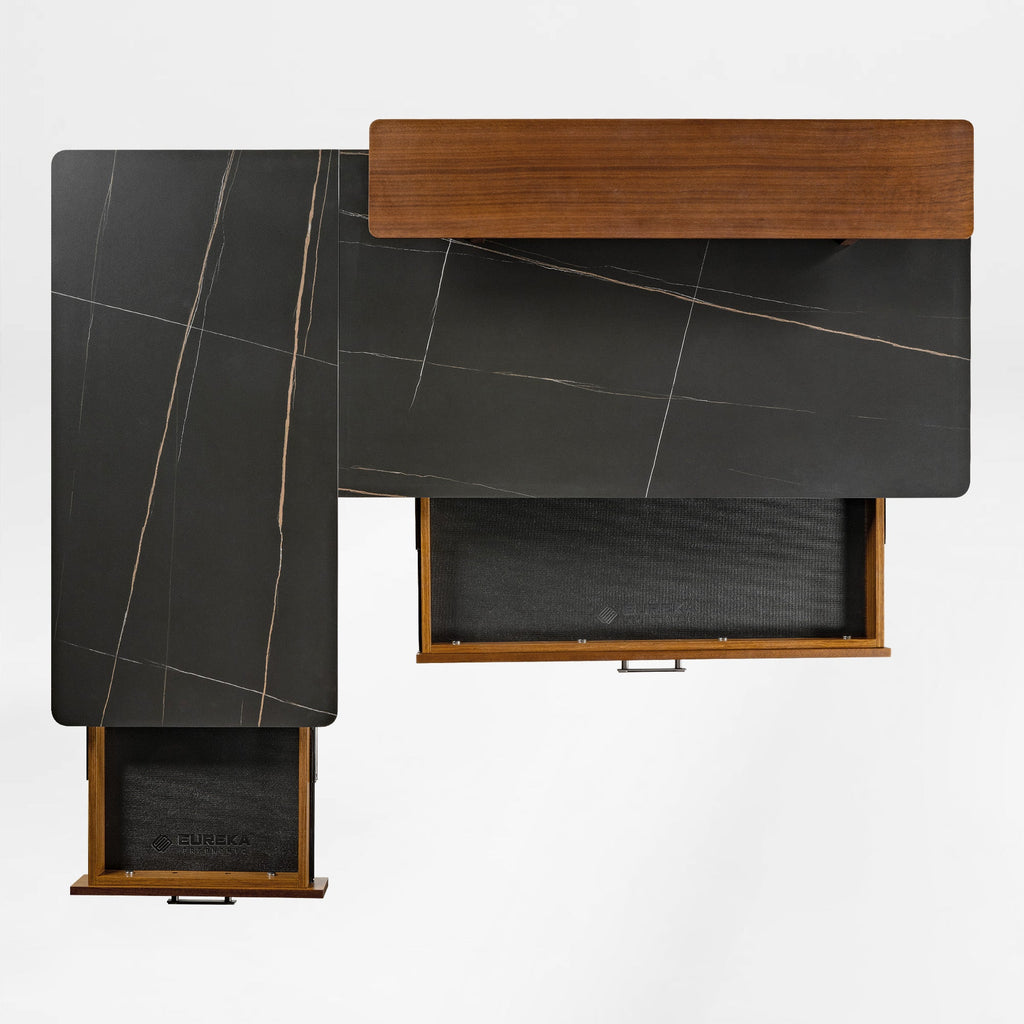63x23 L-Shaped Height Adjustable Executive Desk, Black and Gold Sintered Stone