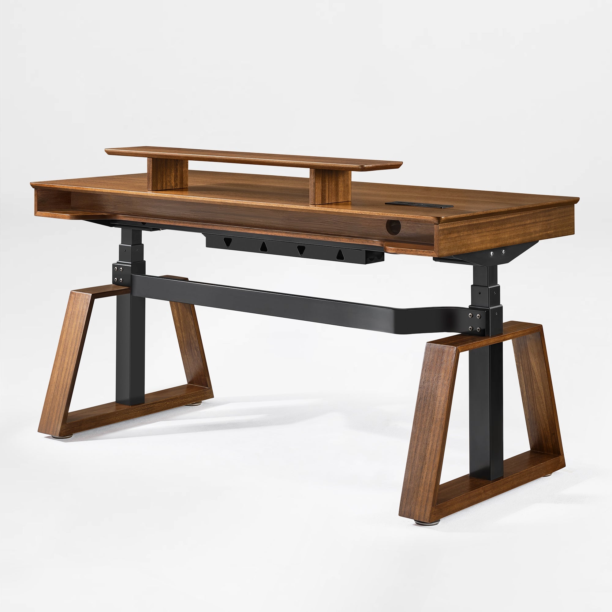 63x29 Executive Height Adjustable Standing Desk with Walnut Desktop and Drawers