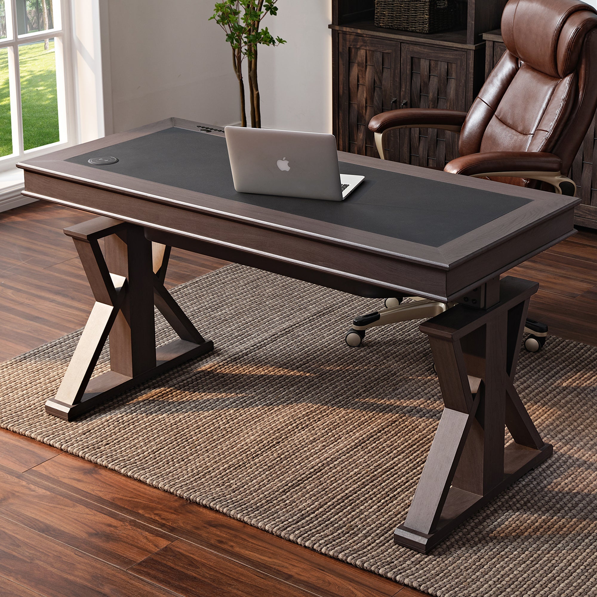 60x26 Height Adjustable Executive Standing Desk, Oak and Black Leather