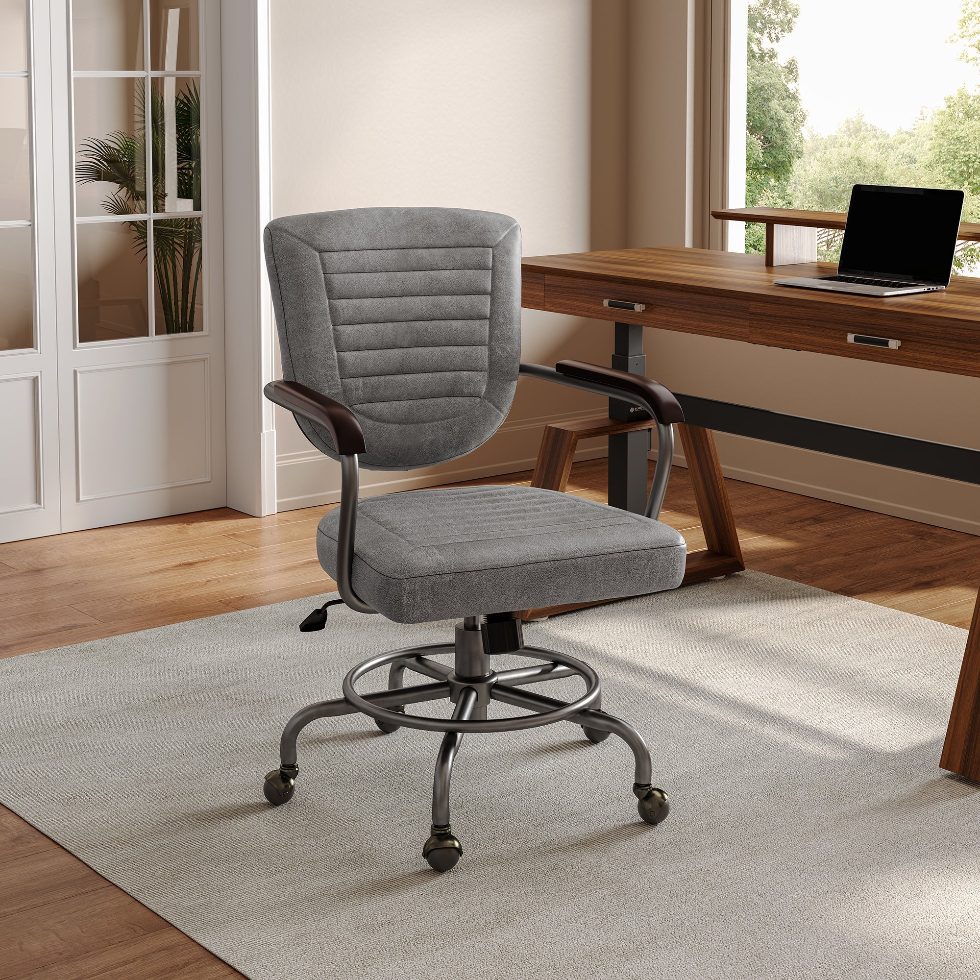 Retro PU Leather Task Office Chair - Solid Wood Arms