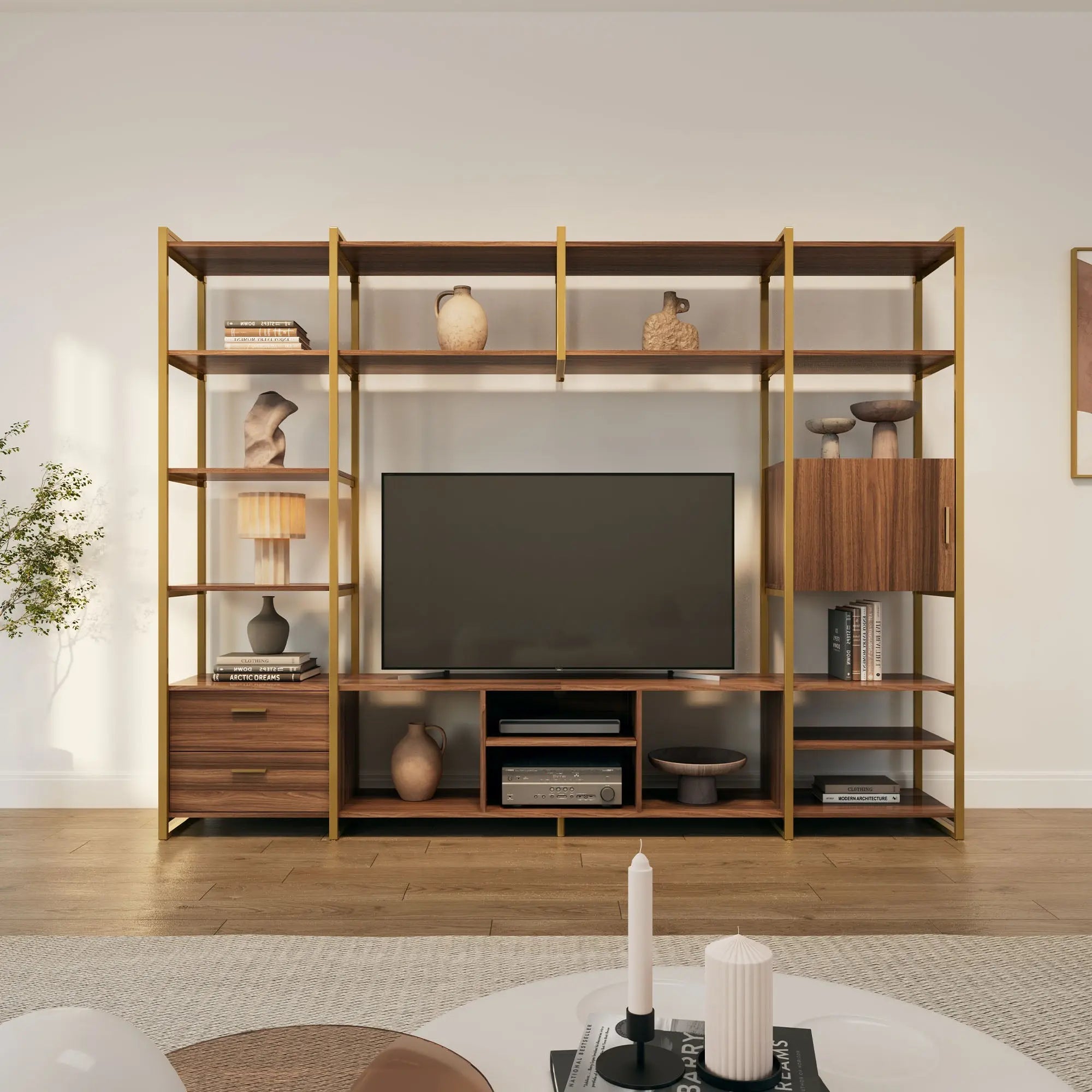 Modern TV Stand with Storage Cabinet and Book Shelves