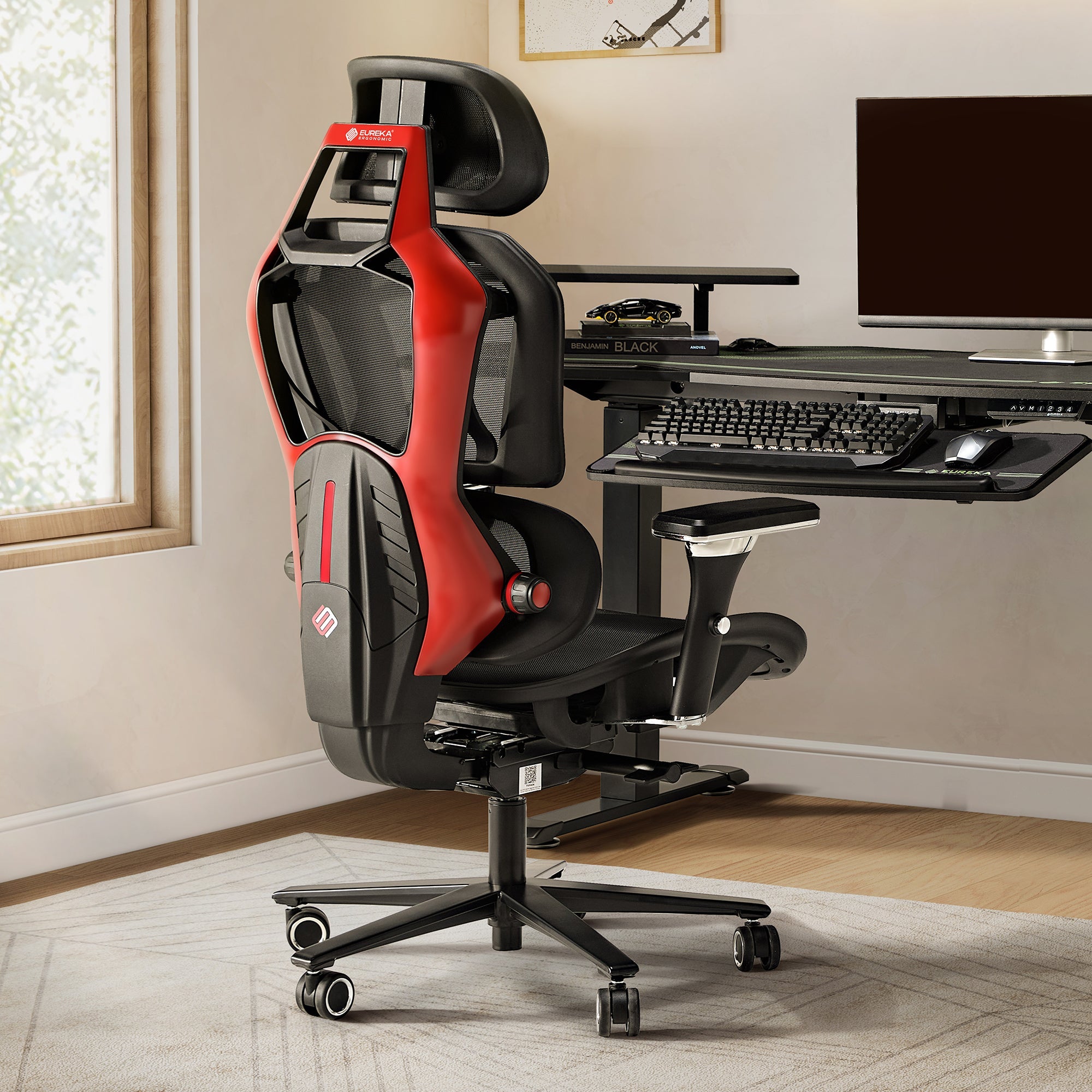 Racing-Style Gaming Chair with Headrest and Lumbar Pillow, Black and Red