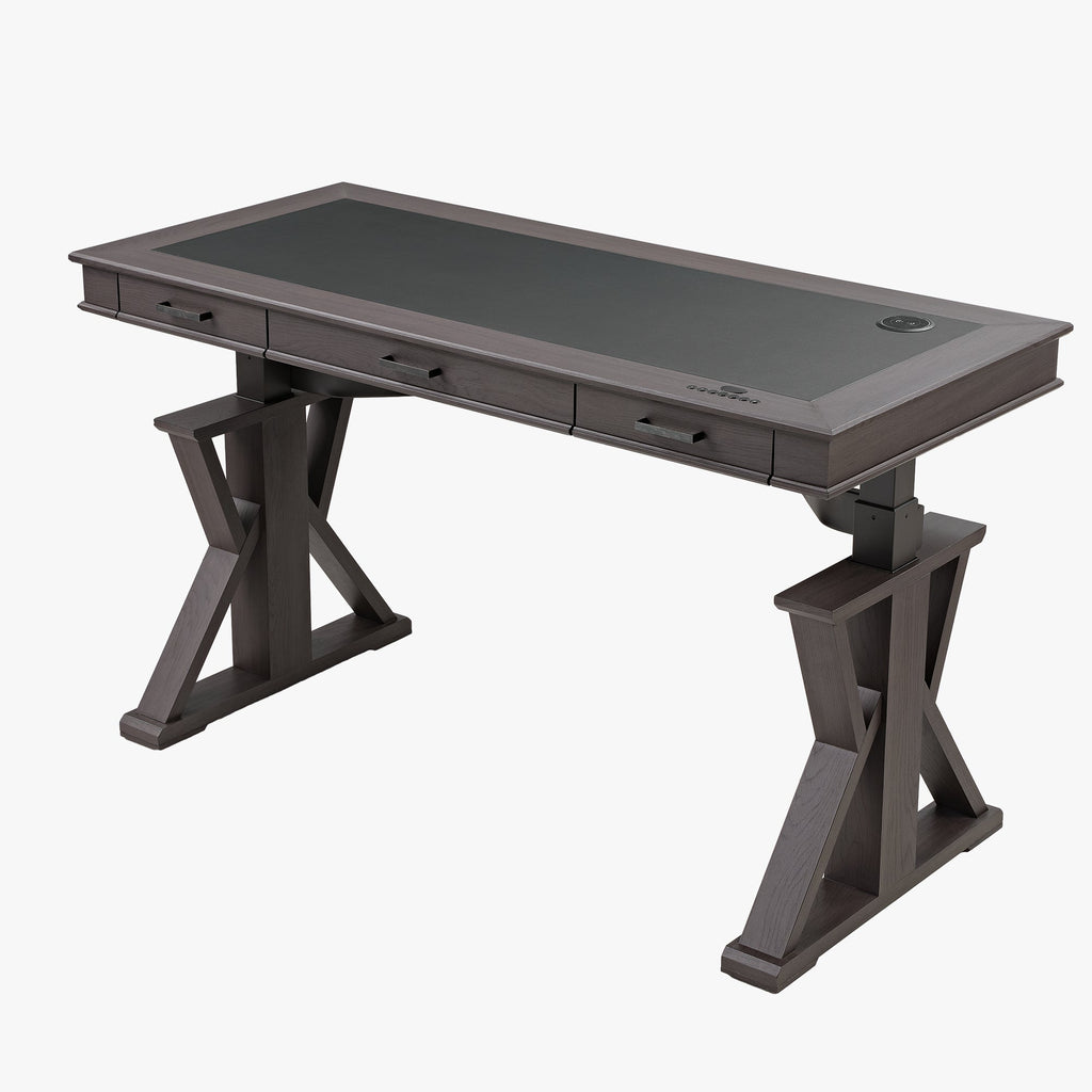 60x26 Height Adjustable Executive Standing Desk, Oak and Black Leather