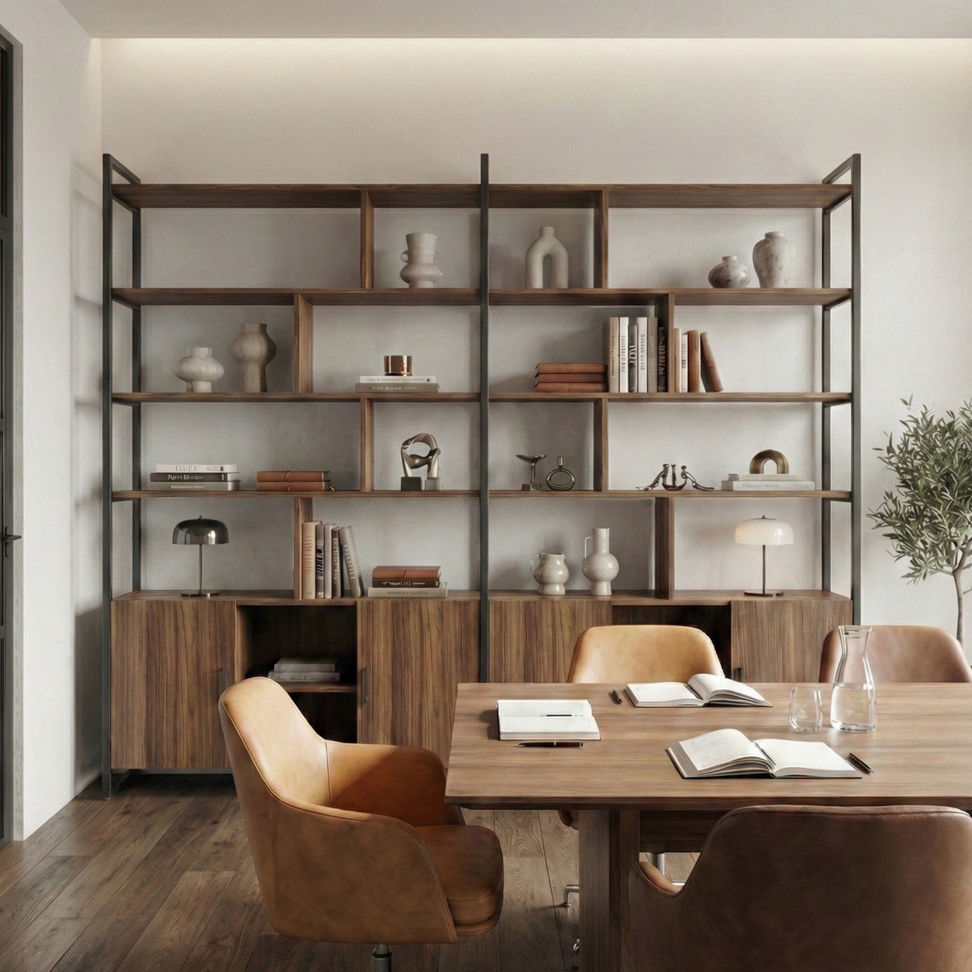 Wood Bookcase Cabinet with Bottom Storage and Adjustable Shelves