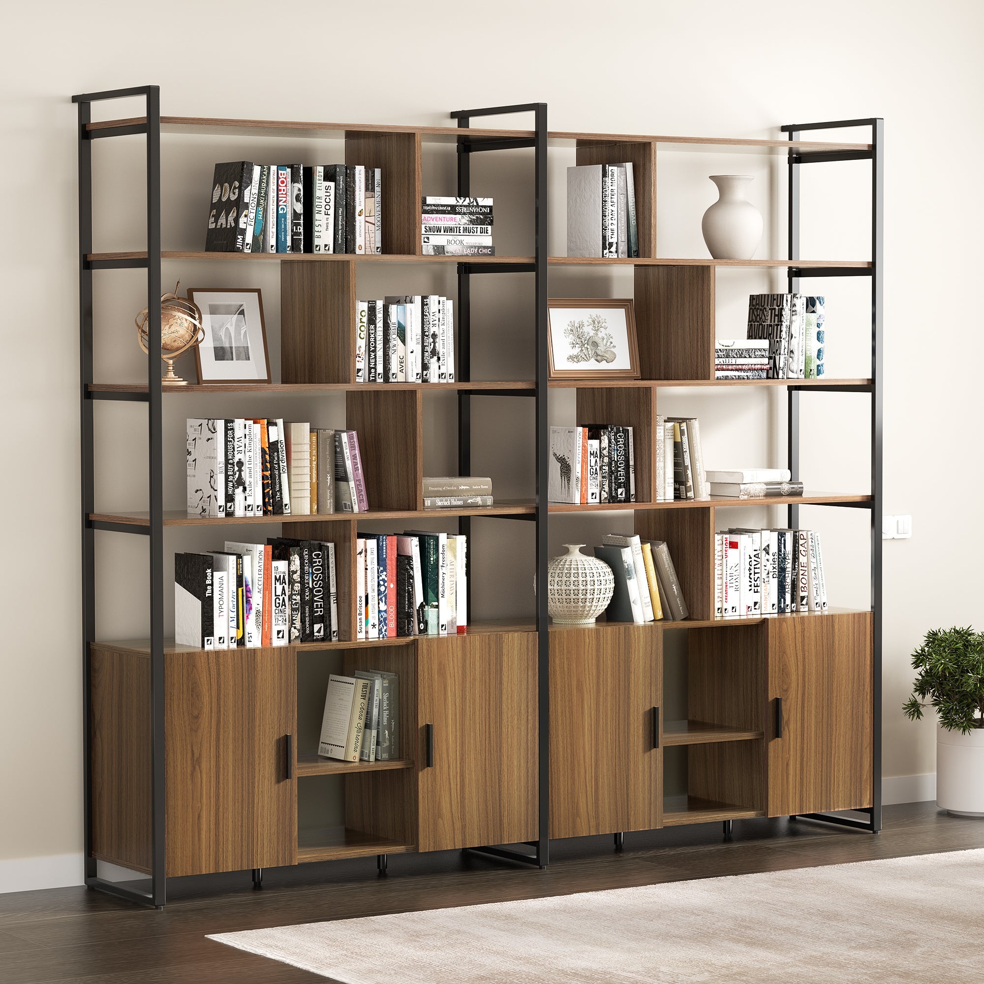 Wood Bookcase Cabinet with Bottom Storage and Adjustable Shelves