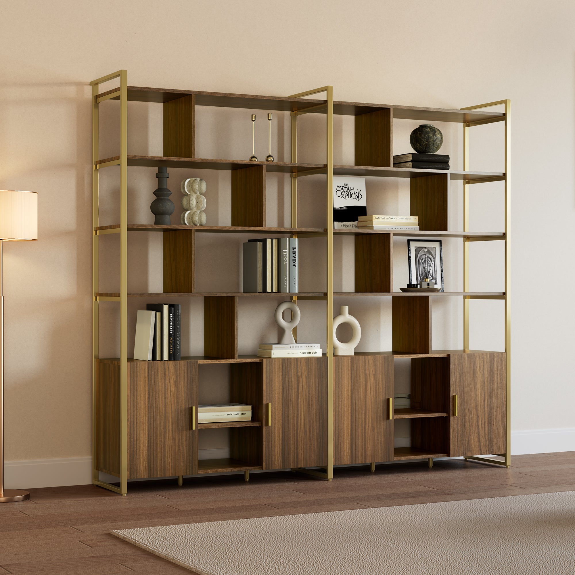 Wood Bookcase Cabinet with Bottom Storage and Adjustable Shelves