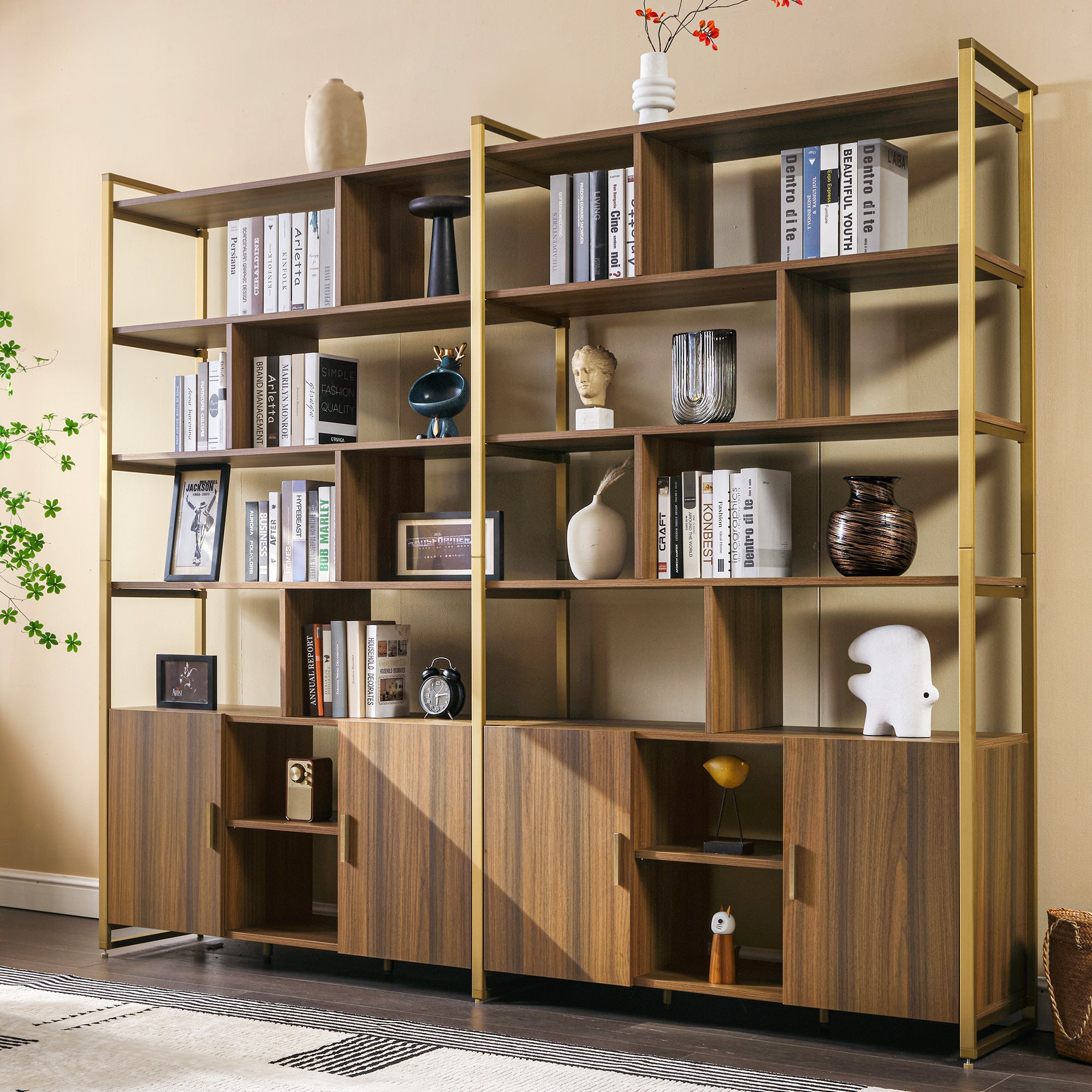 Wood Bookcase Cabinet with Bottom Storage and Adjustable Shelves