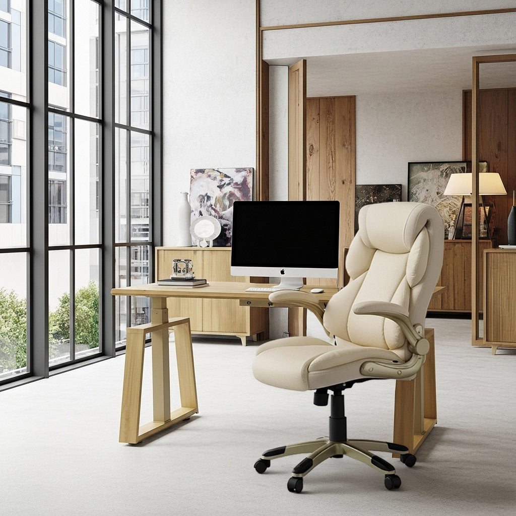 Faux Leather Home Office Chair - Ergonomic Cream