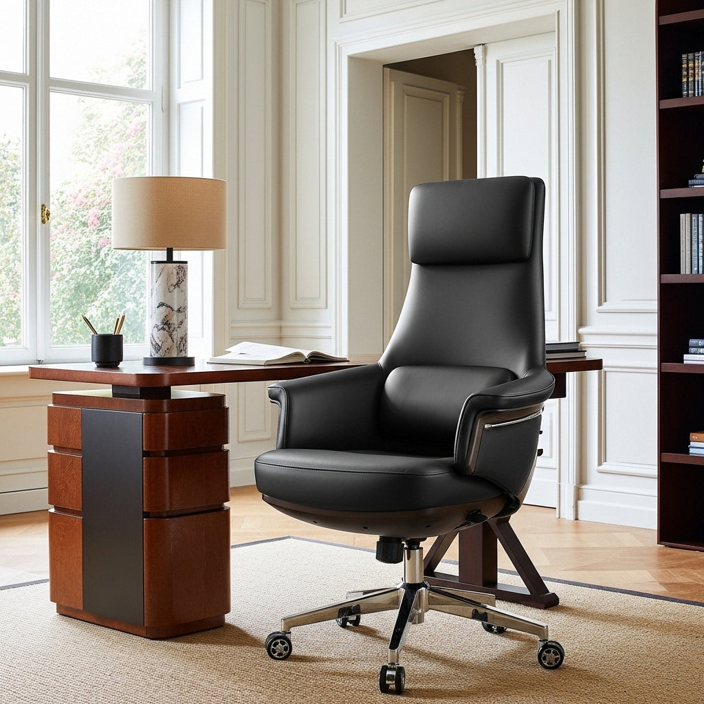 Genuine Leather Executive Office Chair - Leather & Metal Luxury