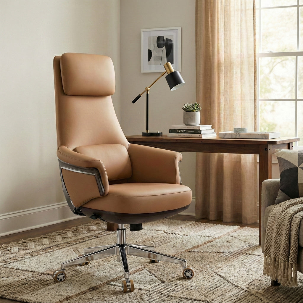 Genuine Leather Executive Office Chair - Leather & Metal Luxury