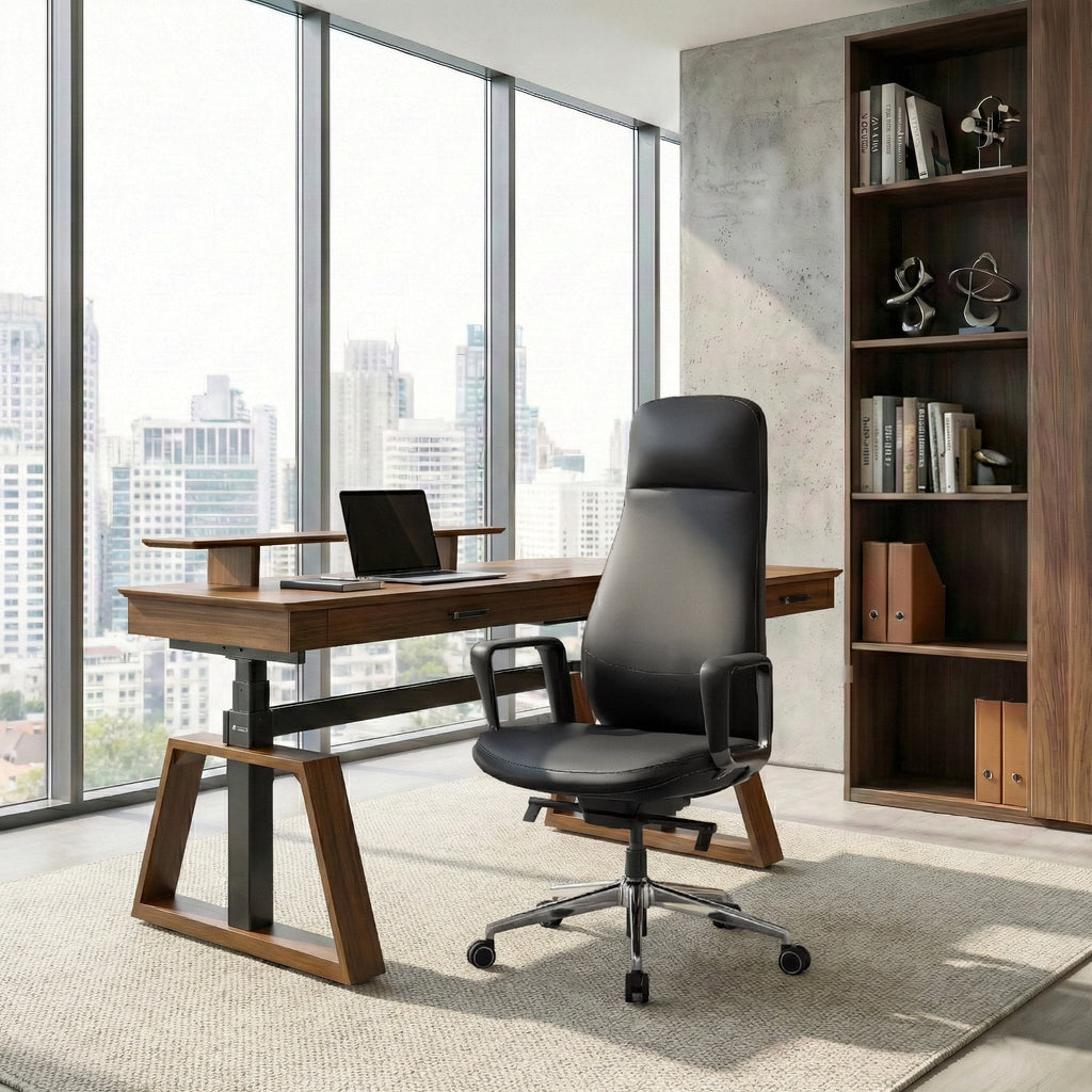 Solid Wood Arm Task Office Chair - Retro PU Leather