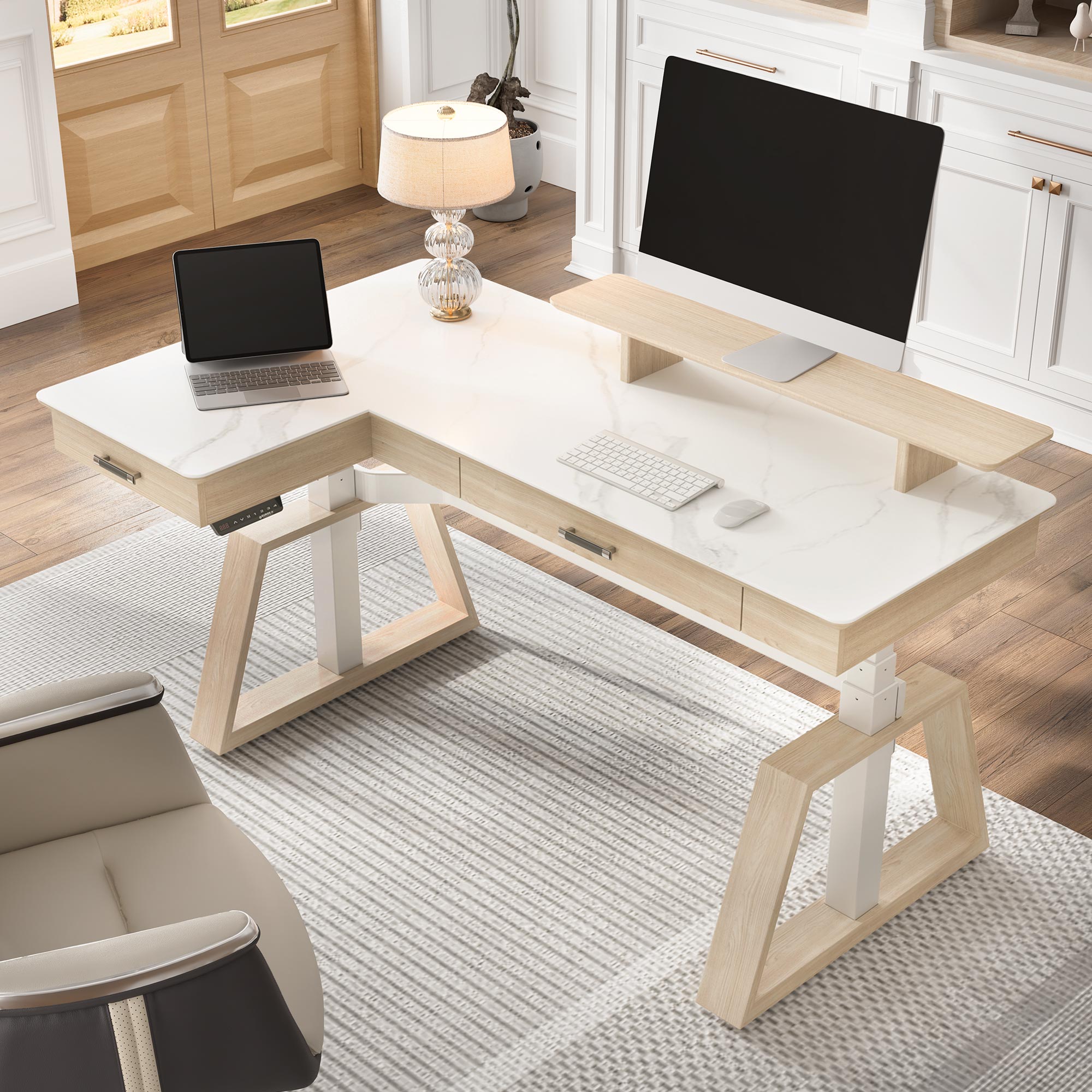 63x23 L-Shaped Height Adjustable Executive Desk, Black and Gold Sintered Stone