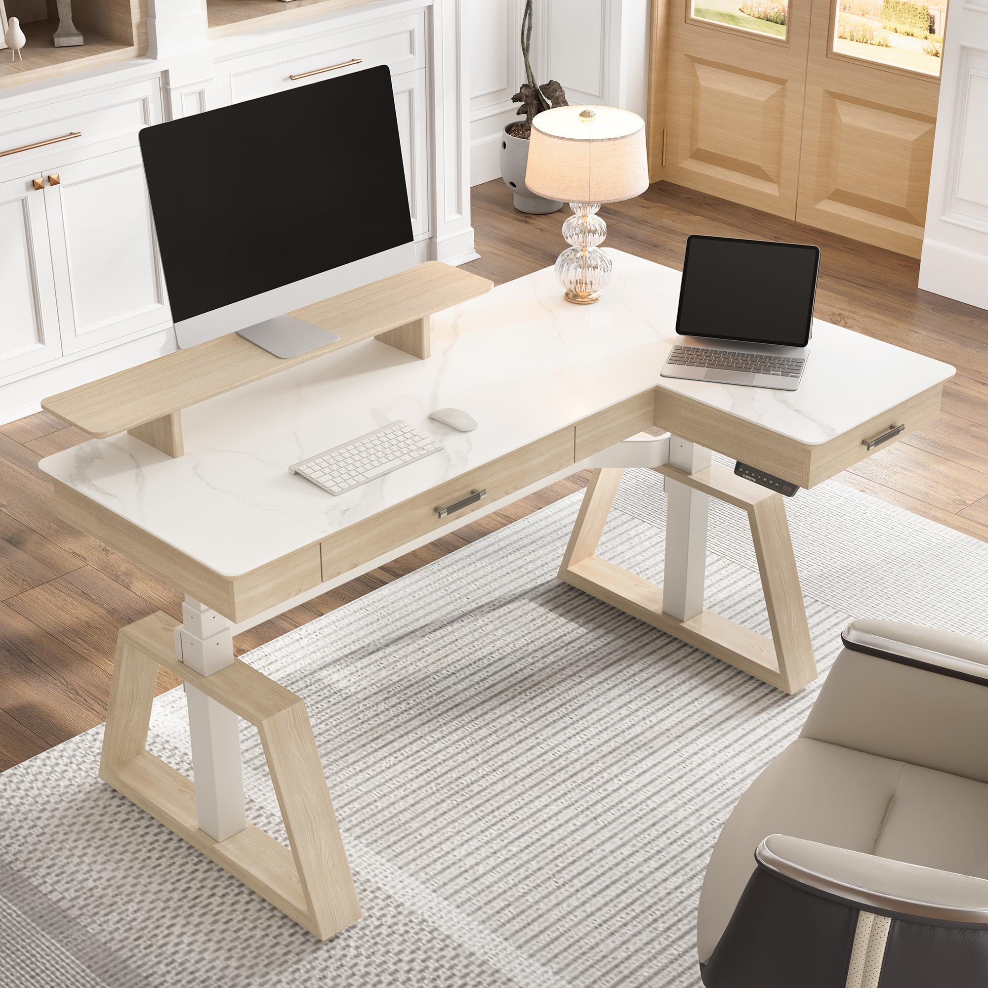 63x23 L-Shaped Height Adjustable Executive Desk, Black and Gold Sintered Stone