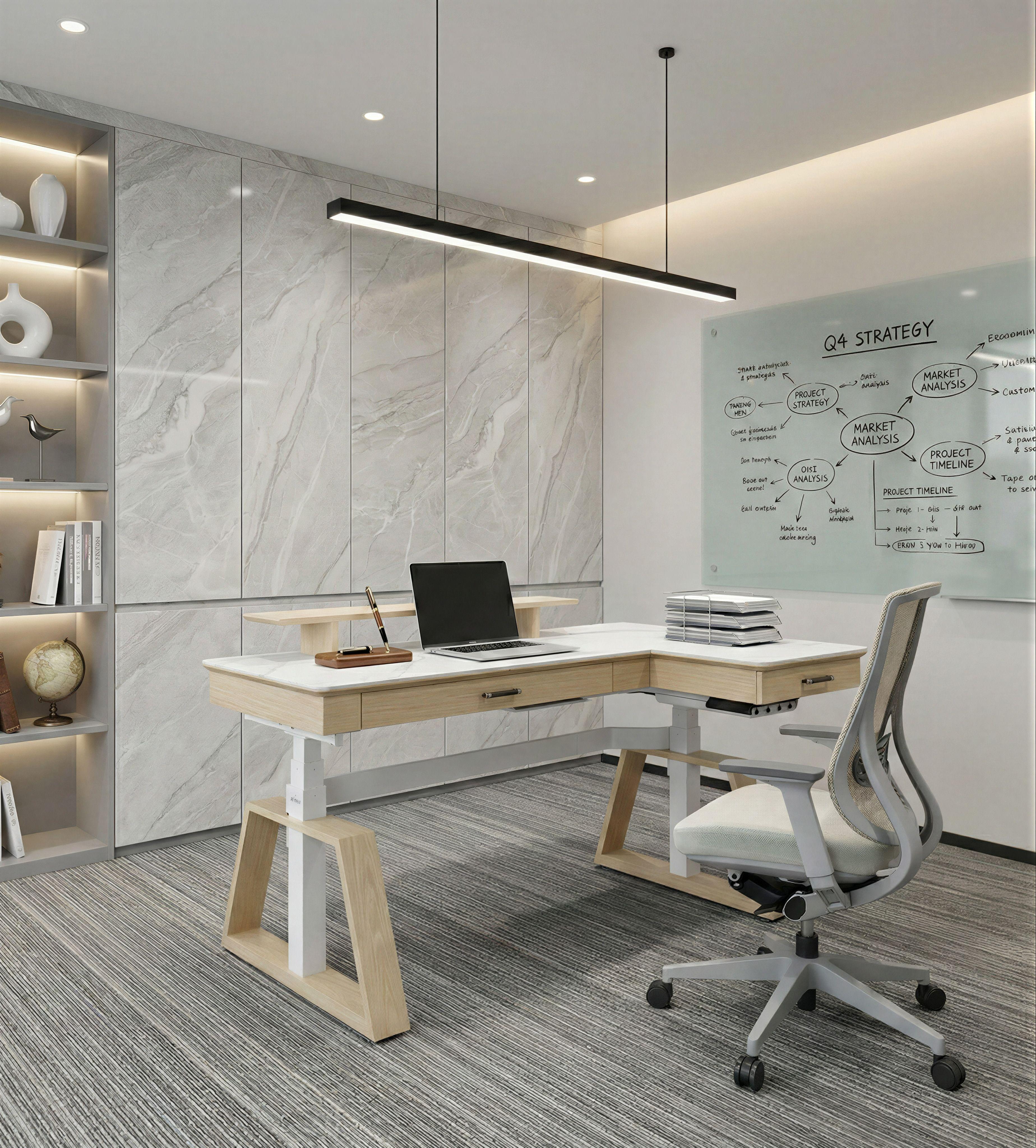63x23 L-Shaped Height Adjustable Executive Desk, Black and Gold Sintered Stone