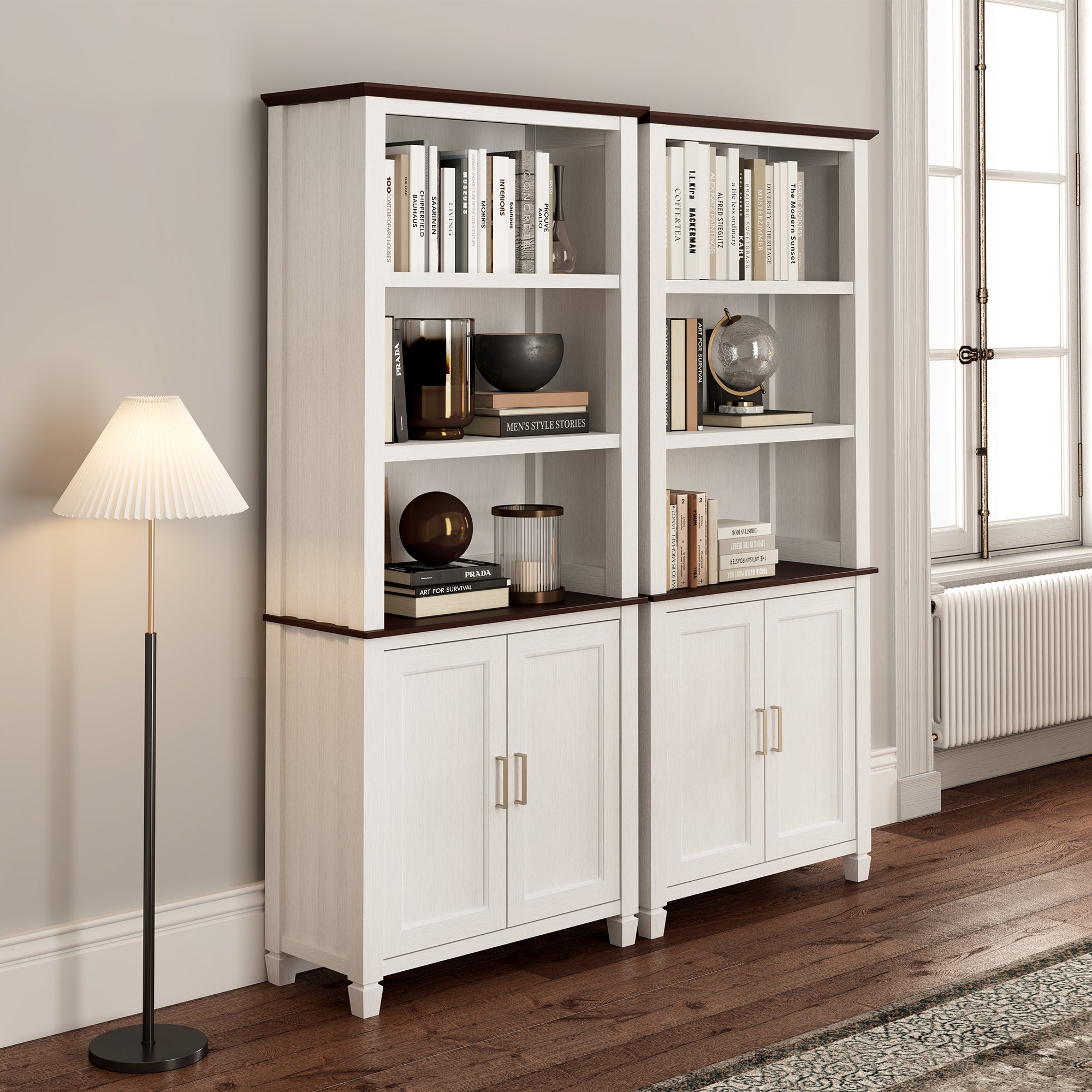 71'' Display Bookshelf with Storage Cabinet, Wave Pattern, White