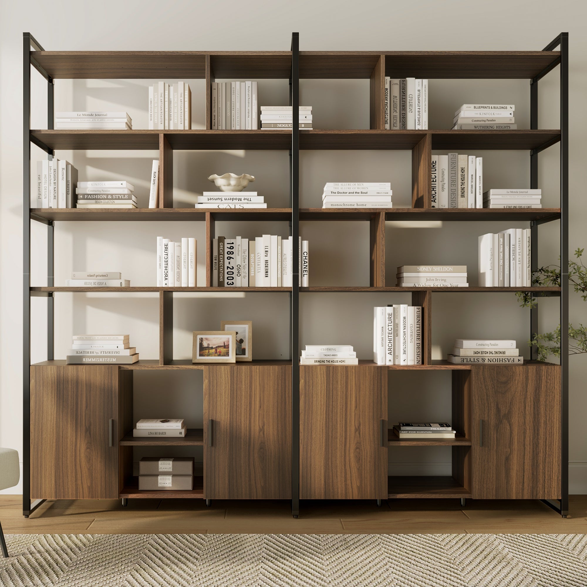 Wood Bookcase Cabinet with Bottom Storage and Adjustable Shelves