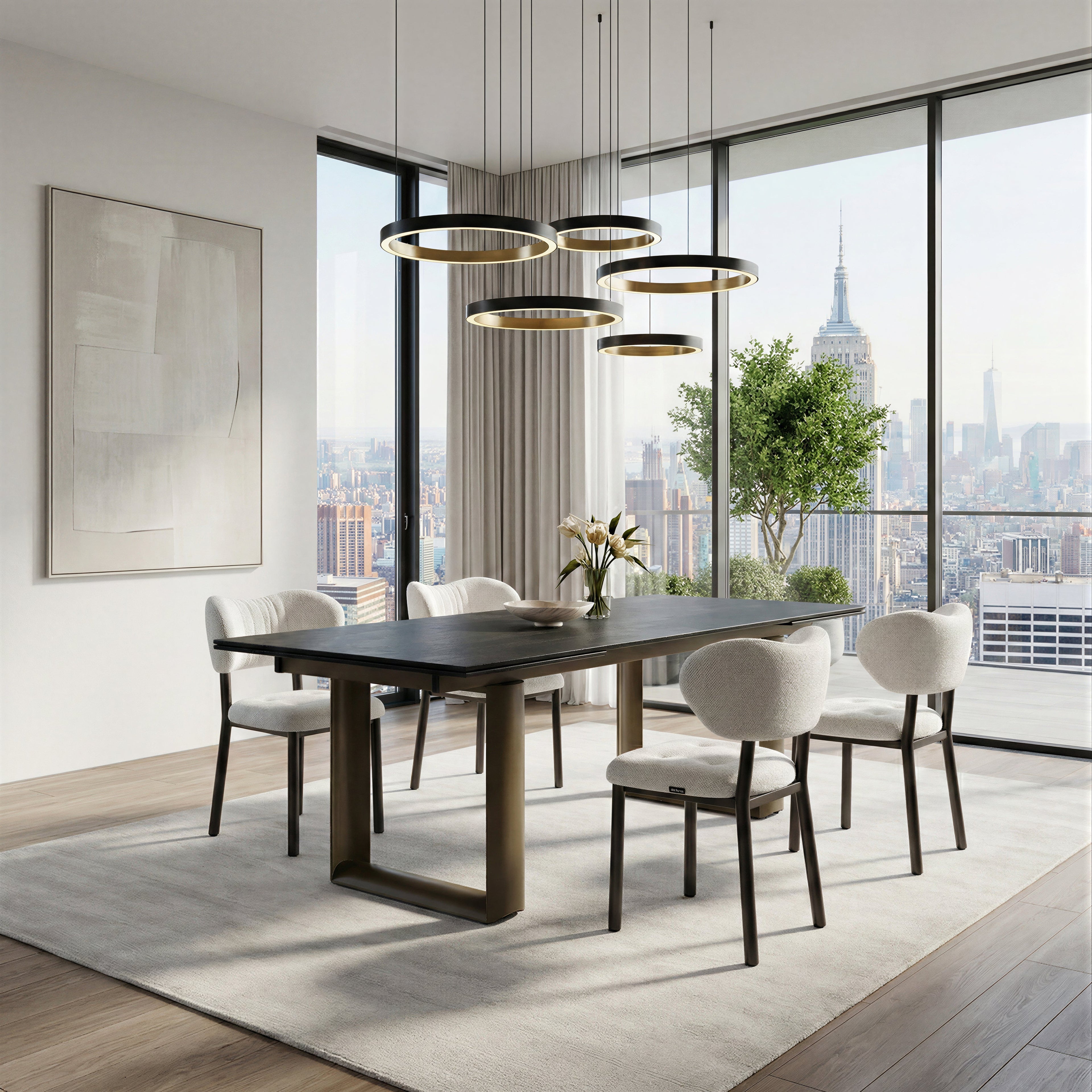 Round Marble-Top Dining Table, White and Gold